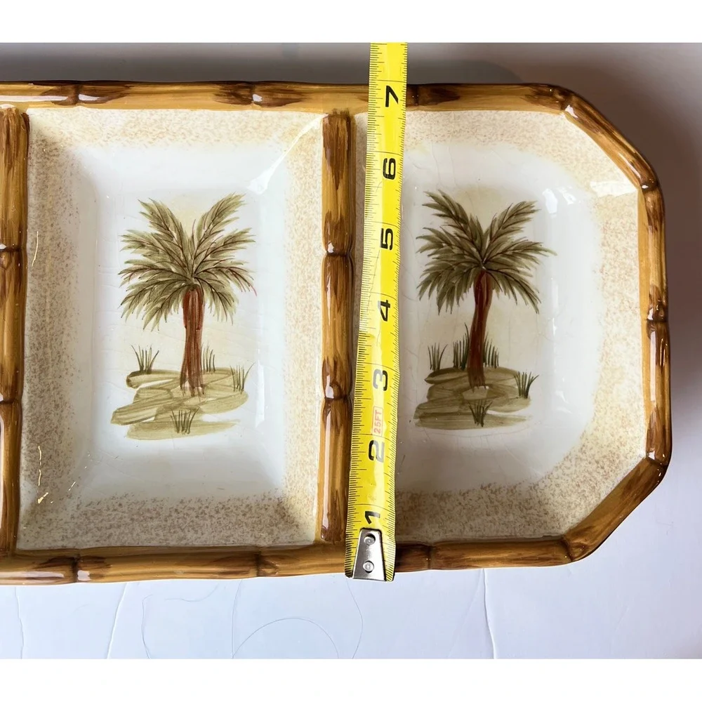 Today's Living Palm Tree Divided Serving Tray Faux Bamboo Ceramic Platter